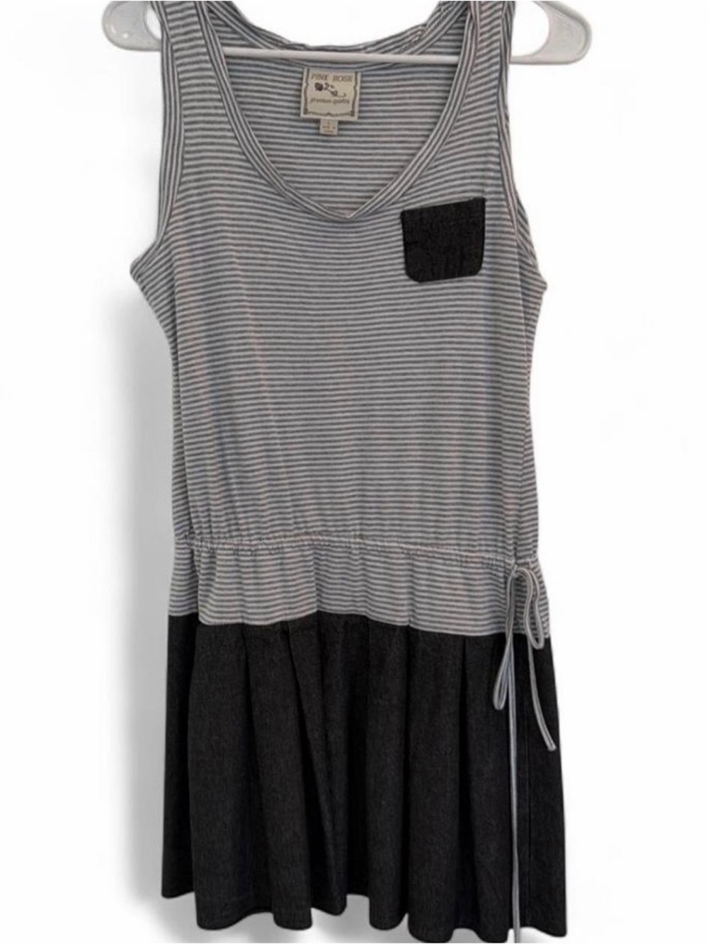 Women's Gray Striped Tank Dress with Black Pocket